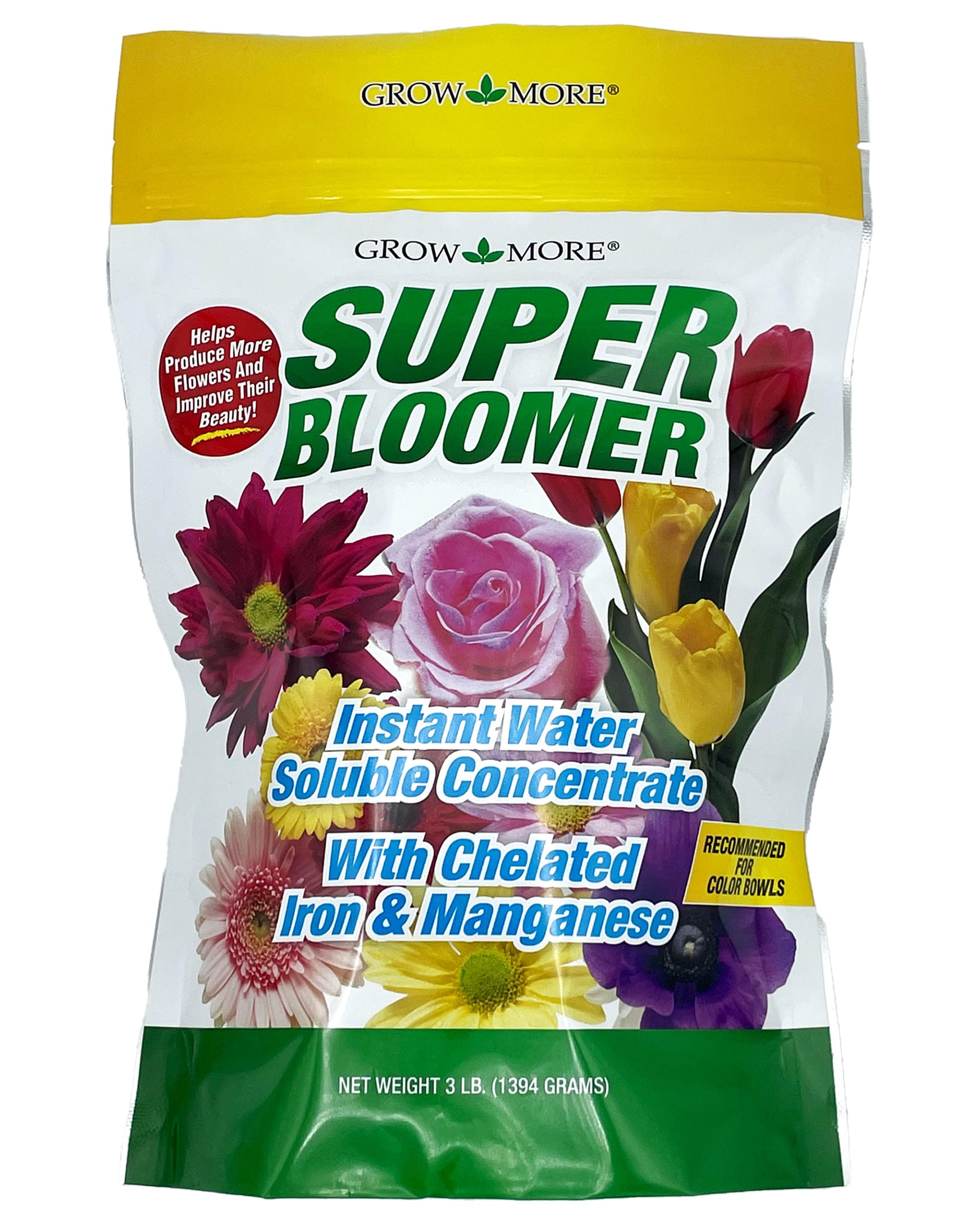 Grow More Super Bloomer bottle label shows bloom booster for vibrant flowers in your garden.