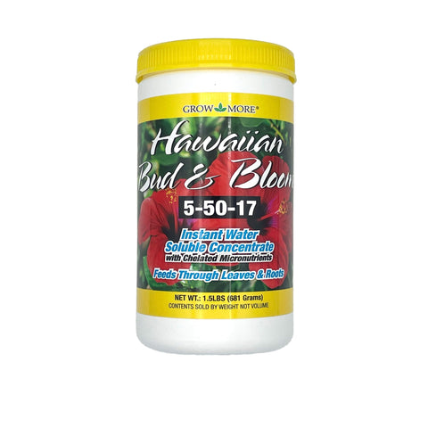 Grow More Urea-Free Hawaiian Bud & Bloom fertilizer bottle pour for easy quick-mix feeding.