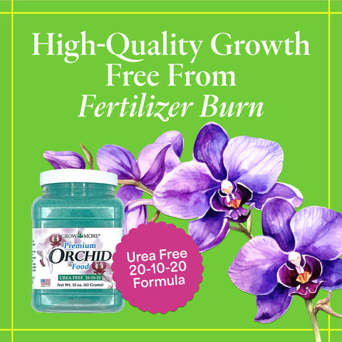 Grow More urea-free orchid nutrition dissolving in water for easy, safe feeding.