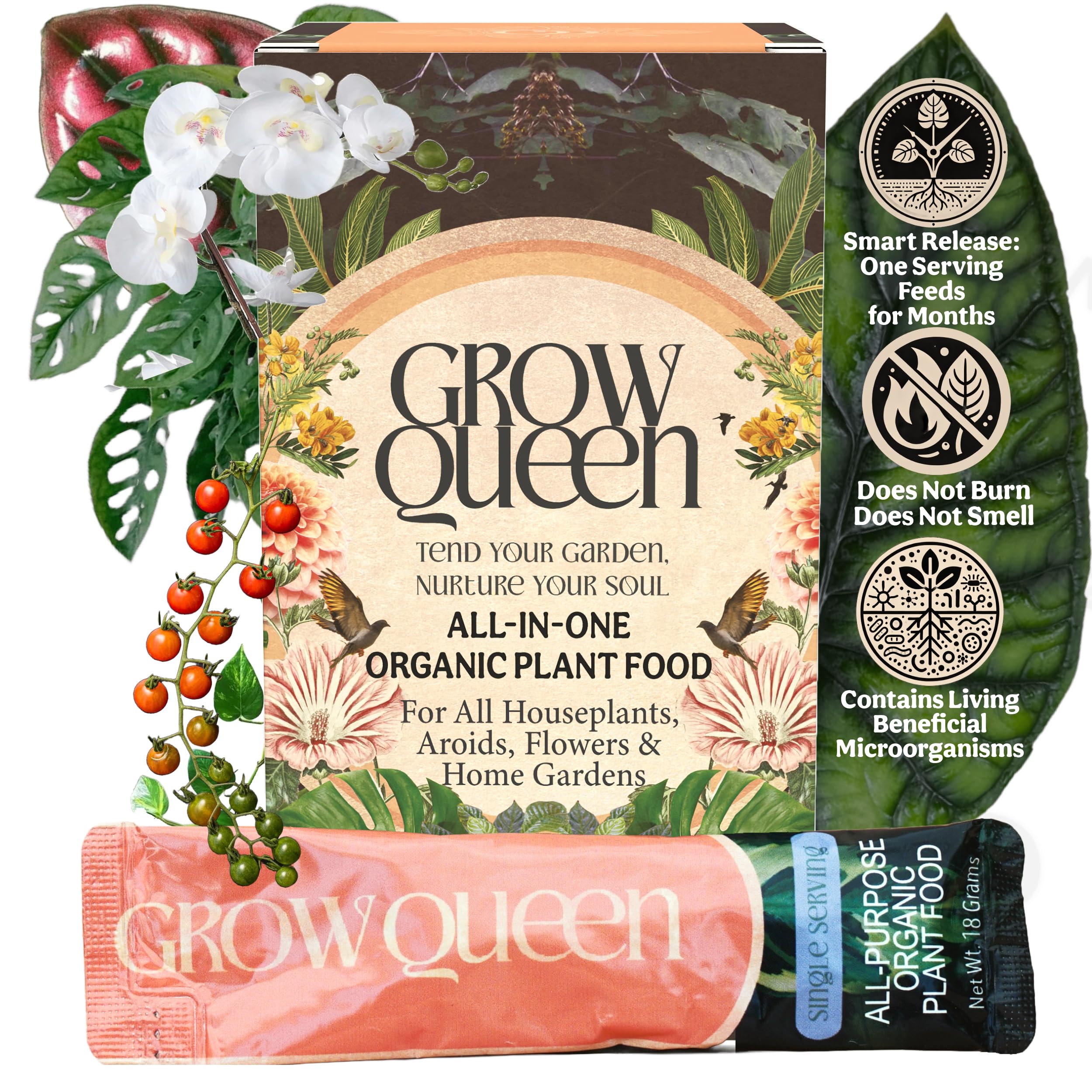 Grow Queen bottle close-up showing organic formula for healthy indoor plants.