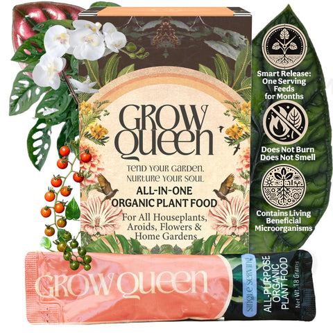 Grow Queen bottle close-up showing organic formula for healthy indoor plants.