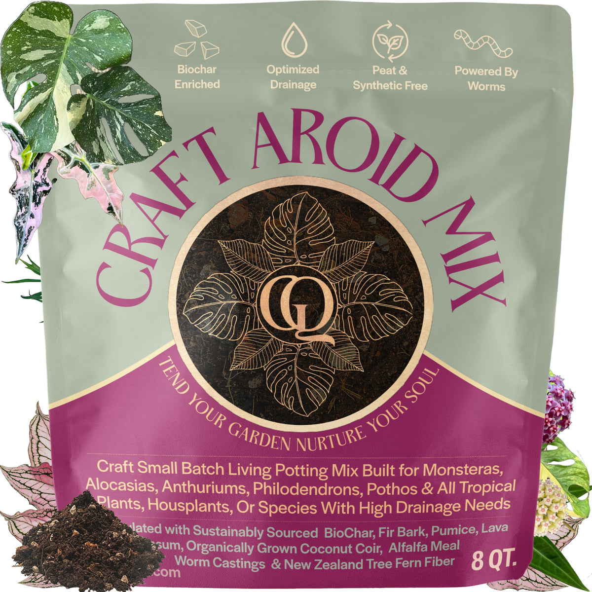 Grow Queen Craft Aroid Potting Mix bag highlights premium tropical soil for lush plants
