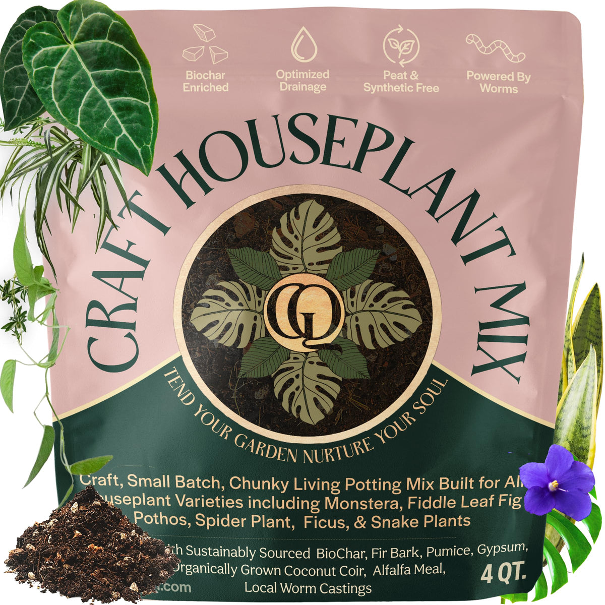 Grow Queen Craft Houseplant Potting Mix bag closeup shows chunky texture for healthy roots