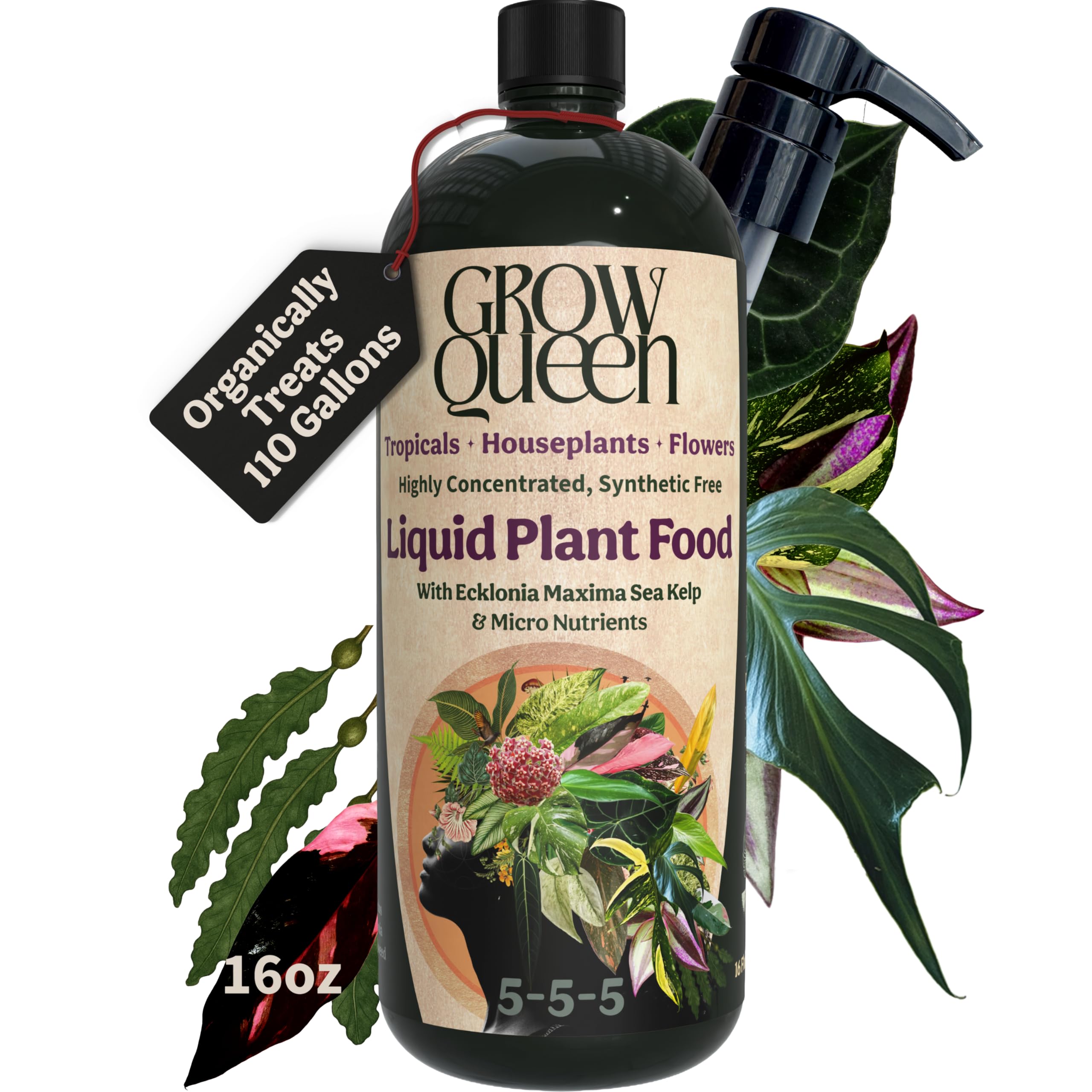Grow Queen liquid fertilizer bottle for indoor plants promotes greener leaves