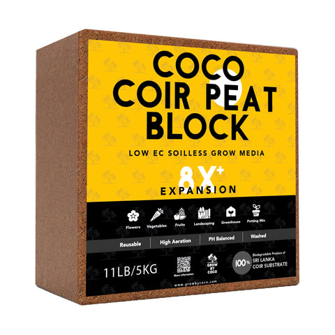Growbycoco Coco Coir Brick packaging shows compact storage and ready-to-use block