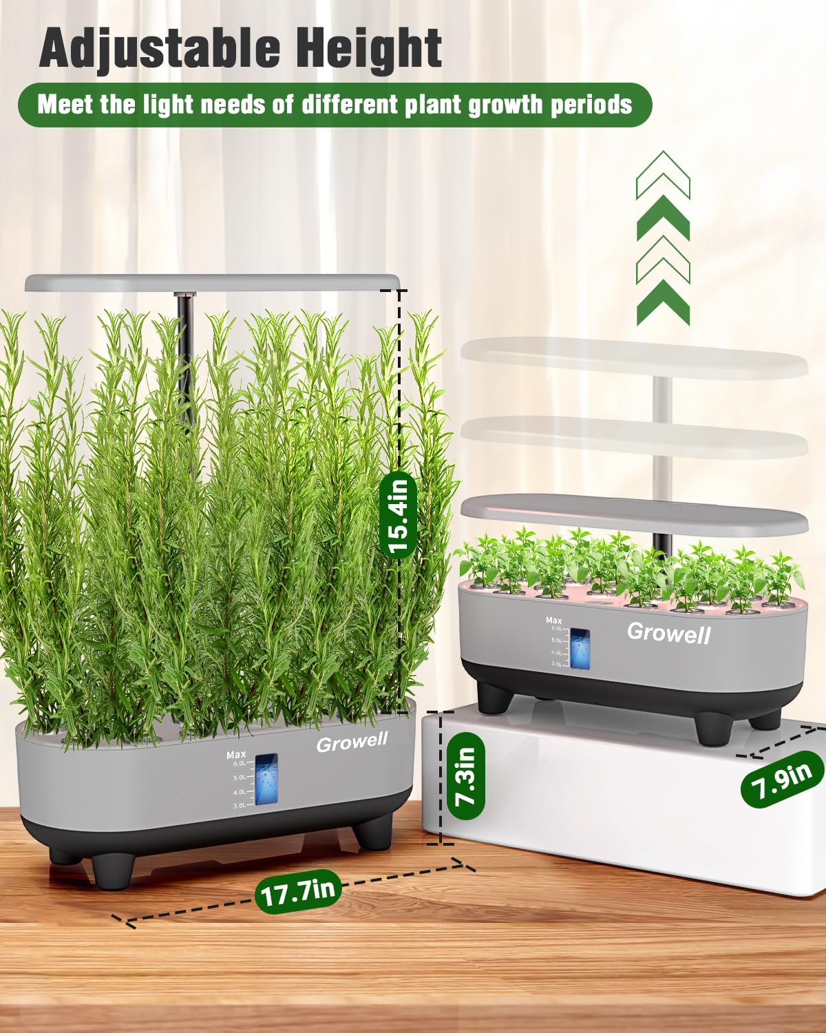 Growell hydroponics 16 pods and adjustable light height in action.