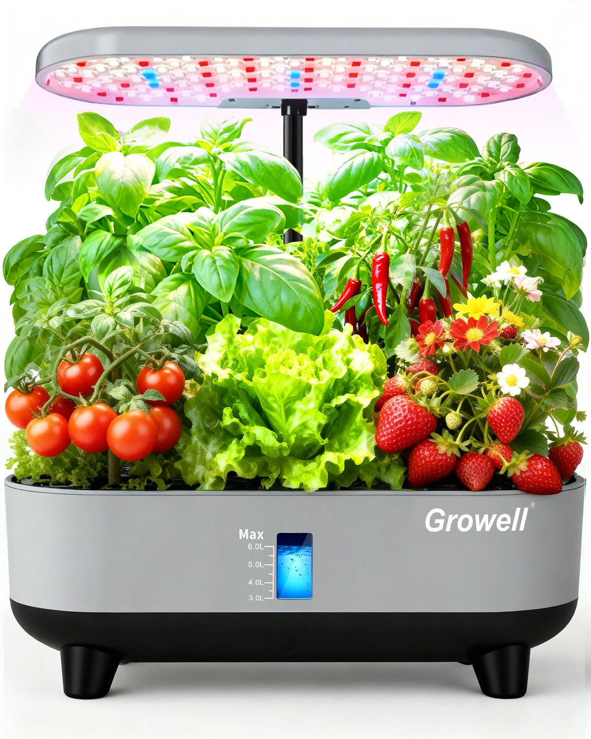 Growell hydroponics system with 16 pods, front view showing compact vertical design for kitchens.