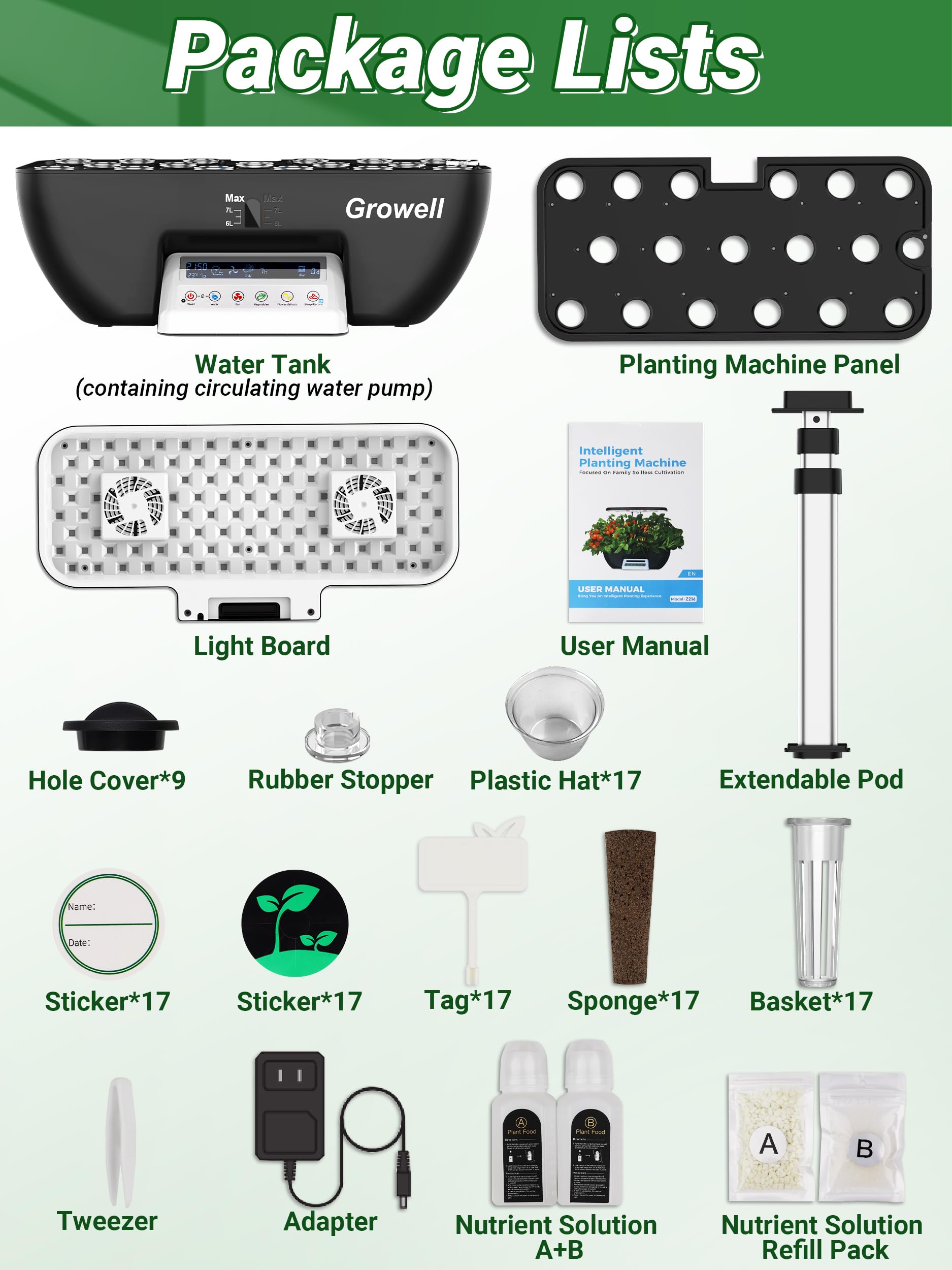 Growell hydroponics adjustable light pole supports plants through growth stages.
