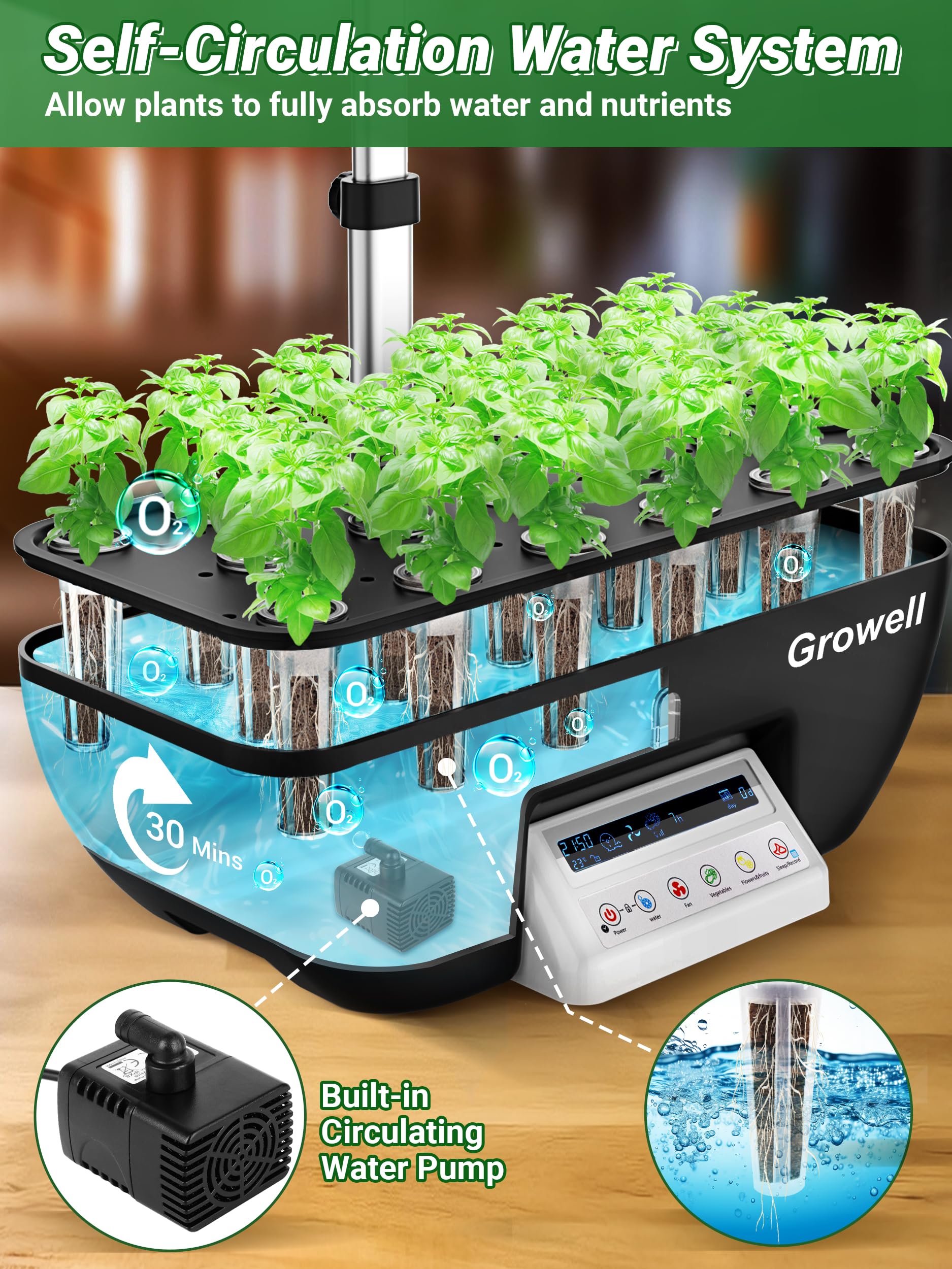 Growell hydroponics water tank 10L with quiet pump ensures steady circulation.