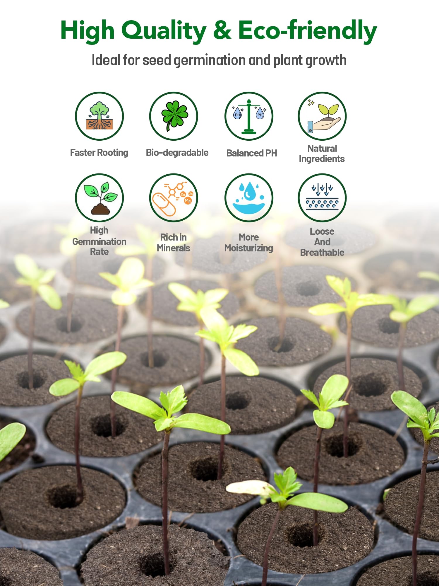 Growell peat-based growing medium highlights water retention and aeration for healthy roots.