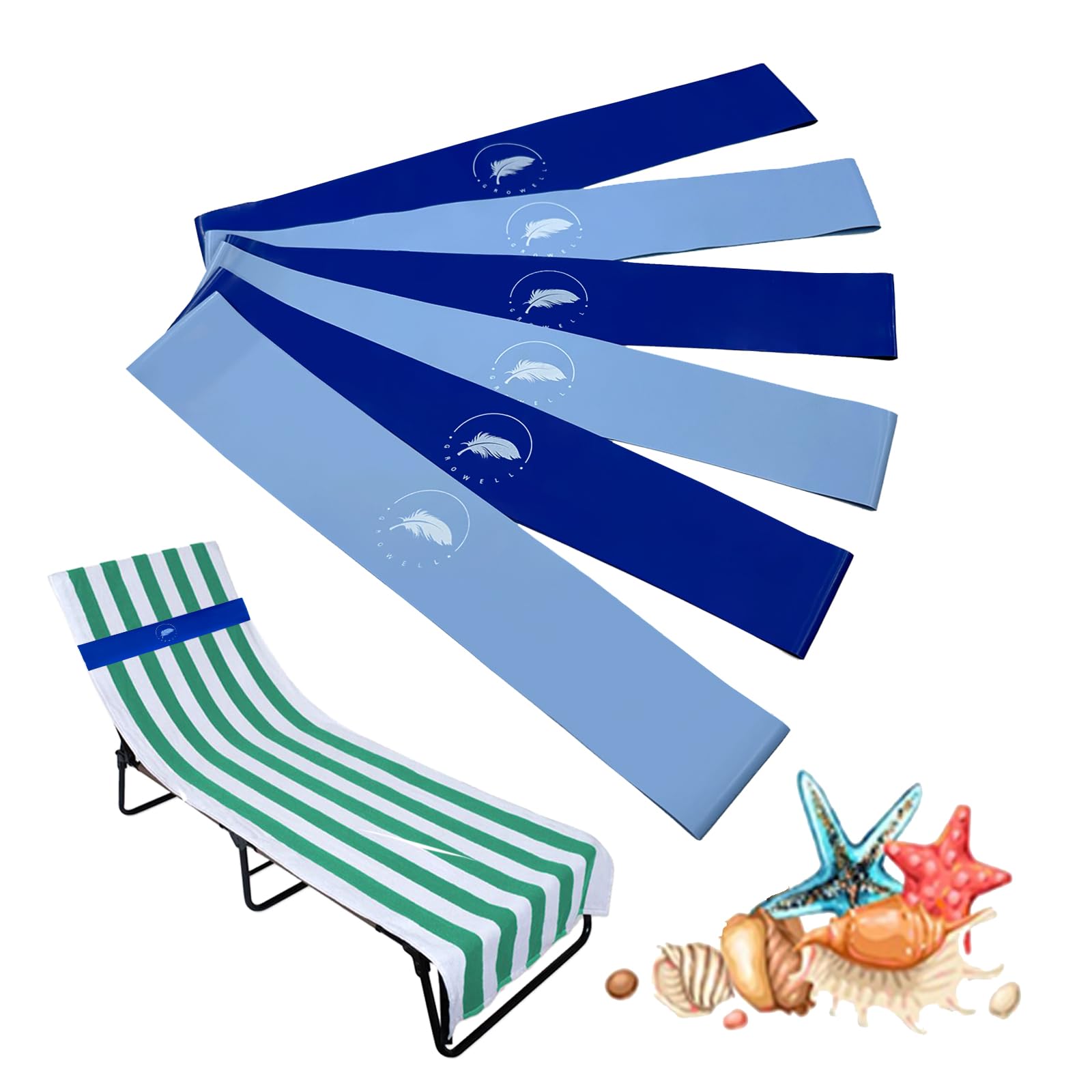 Growell towel bands securing towels on a windy beach chair for a neat setup