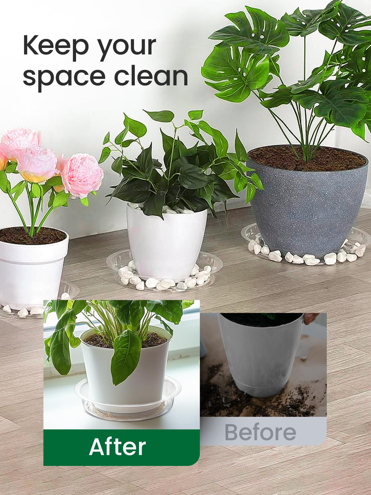 Growneer clear 10-inch plant saucer protects surfaces while showcasing pots.