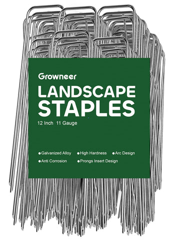 Growneer landscape staples 12-inch 11ga securing weed barrier edges for a clean field edge