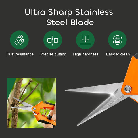 GROWNEER spring-loaded action reduces hand fatigue during snipping.