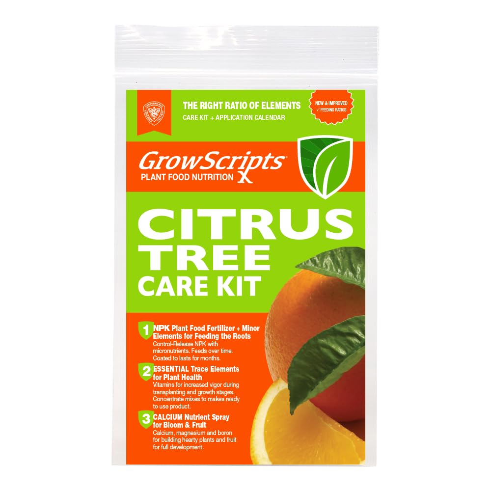 GrowScripts Citrus Tree Fertilizer Kit packaging shows complete 3-in-1 nutrition for container citrus