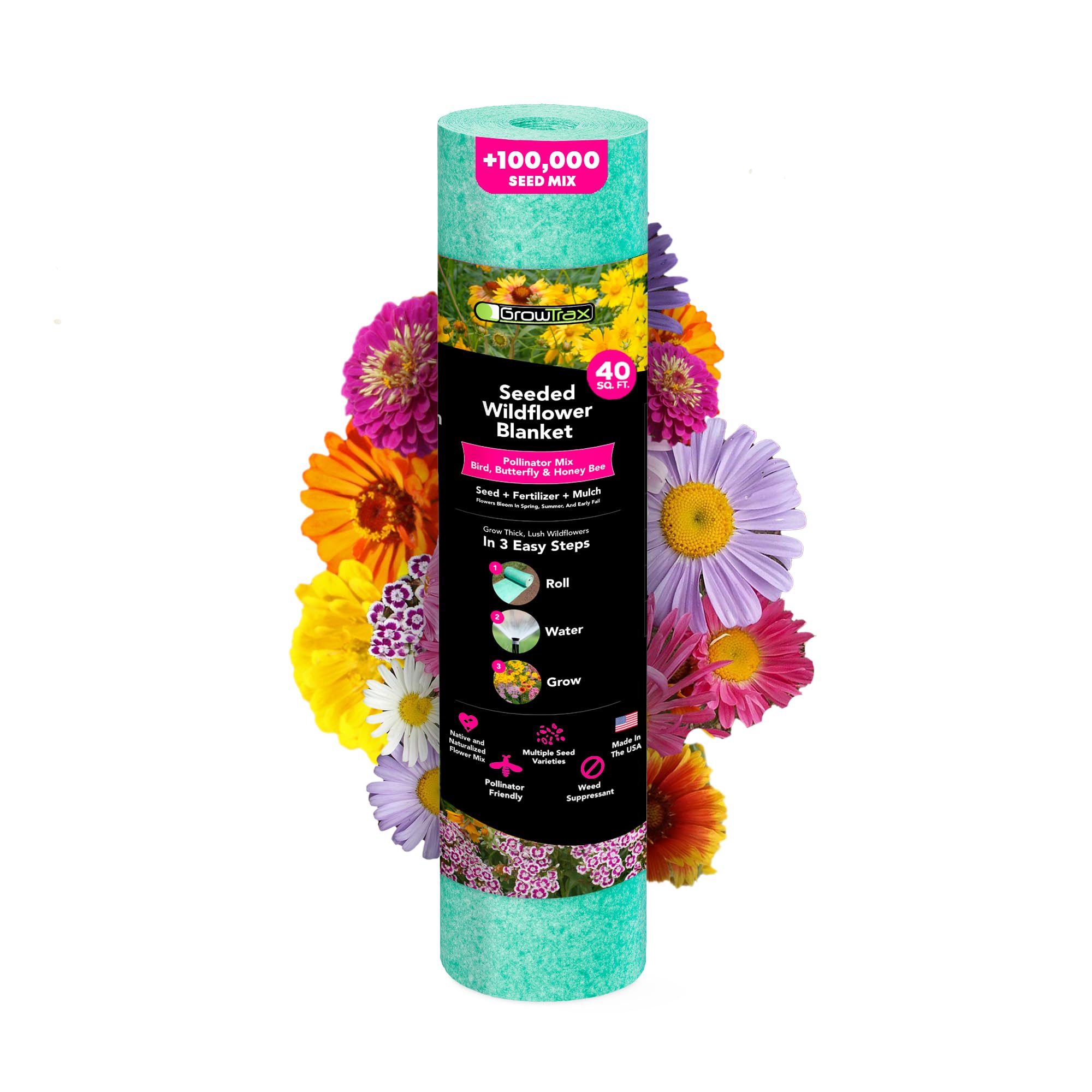 Growtrax pollinator wildflower seed mix in bloom attracting bees and butterflies