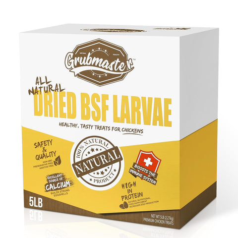 GRUBMASTER dried BSF larvae bag, 5 lb, for backyard poultry.