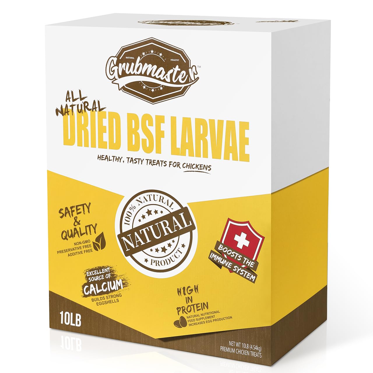 GRUBMASTER dried BSF larvae bag showing a protein-rich chicken treat for flocks