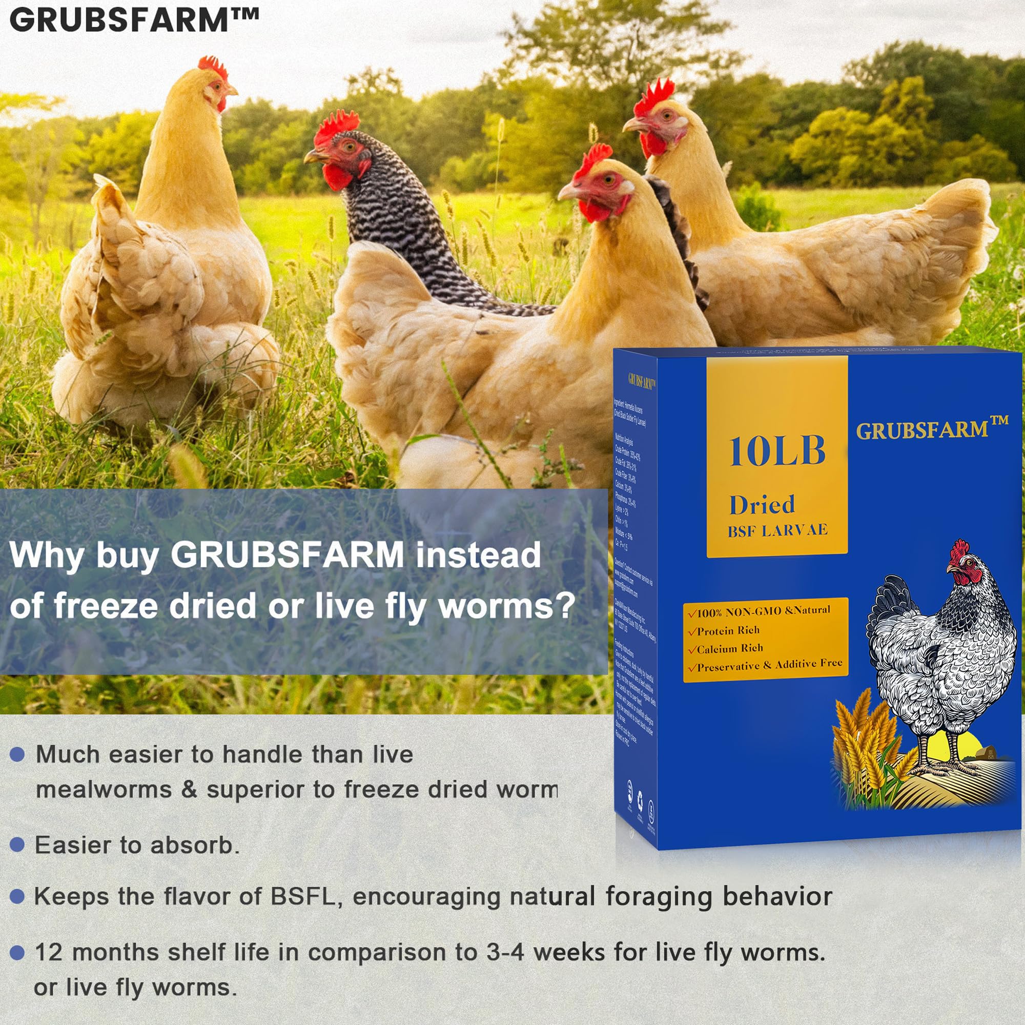 GRUBSFARM resealable bag beside box, convenient storage without refrigeration.