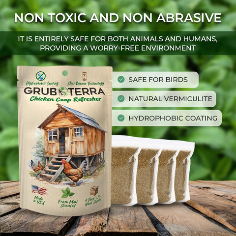 GrubTerra ammonia odor targets mint scent to improve coop air quality.