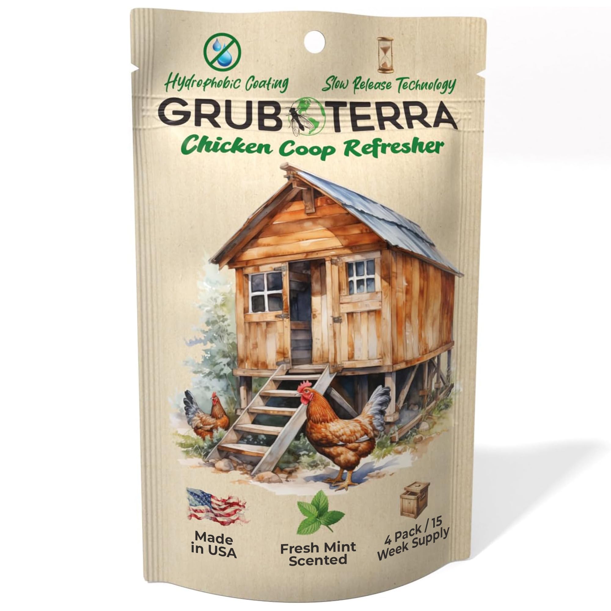 GrubTerra chicken coop odor eliminator bottle shows mint freshness for the coop.