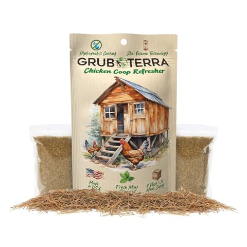 GrubTerra litter deodorizer for bedding reduces persistent smells in nesting areas.