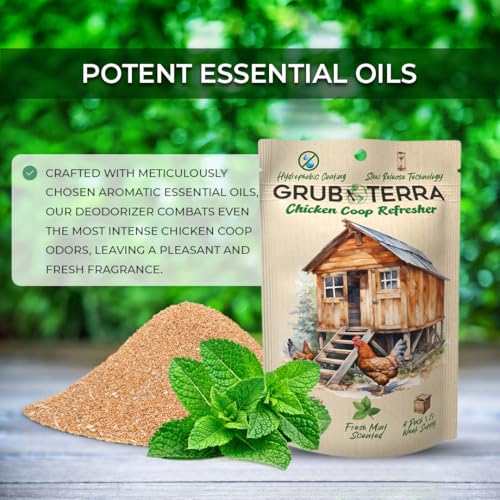 GrubTerra sprinkle application on coop surfaces makes odor control simple.