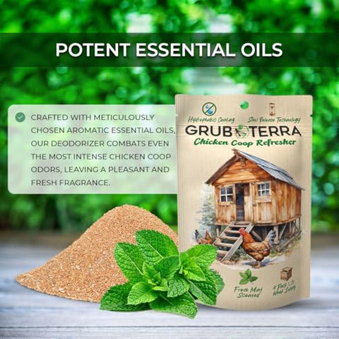GrubTerra sprinkle application on coop surfaces makes odor control simple.
