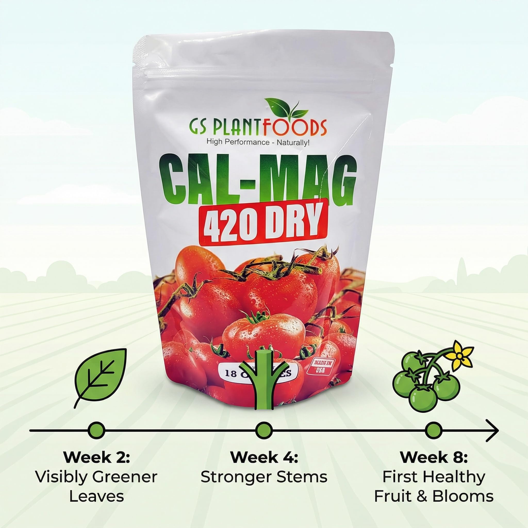 GS Plant Foods Cal-Mag 420 bulk packaging highlights 420 gallon yield