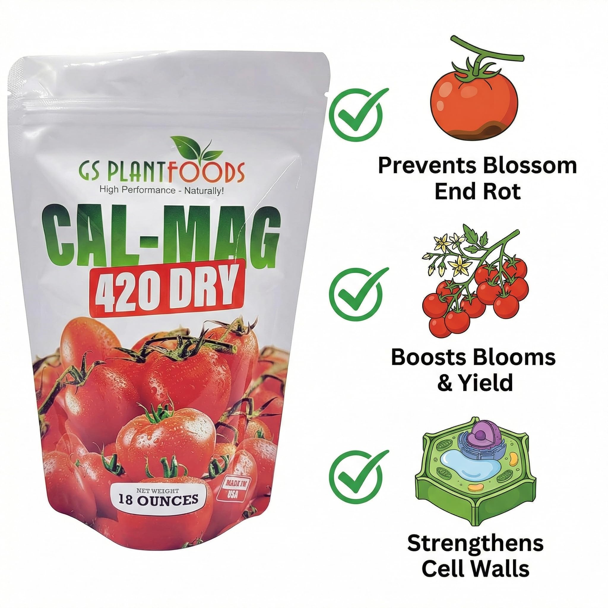 Cal-Mag 420 dissolves quickly into water for irrigation or foliar spray