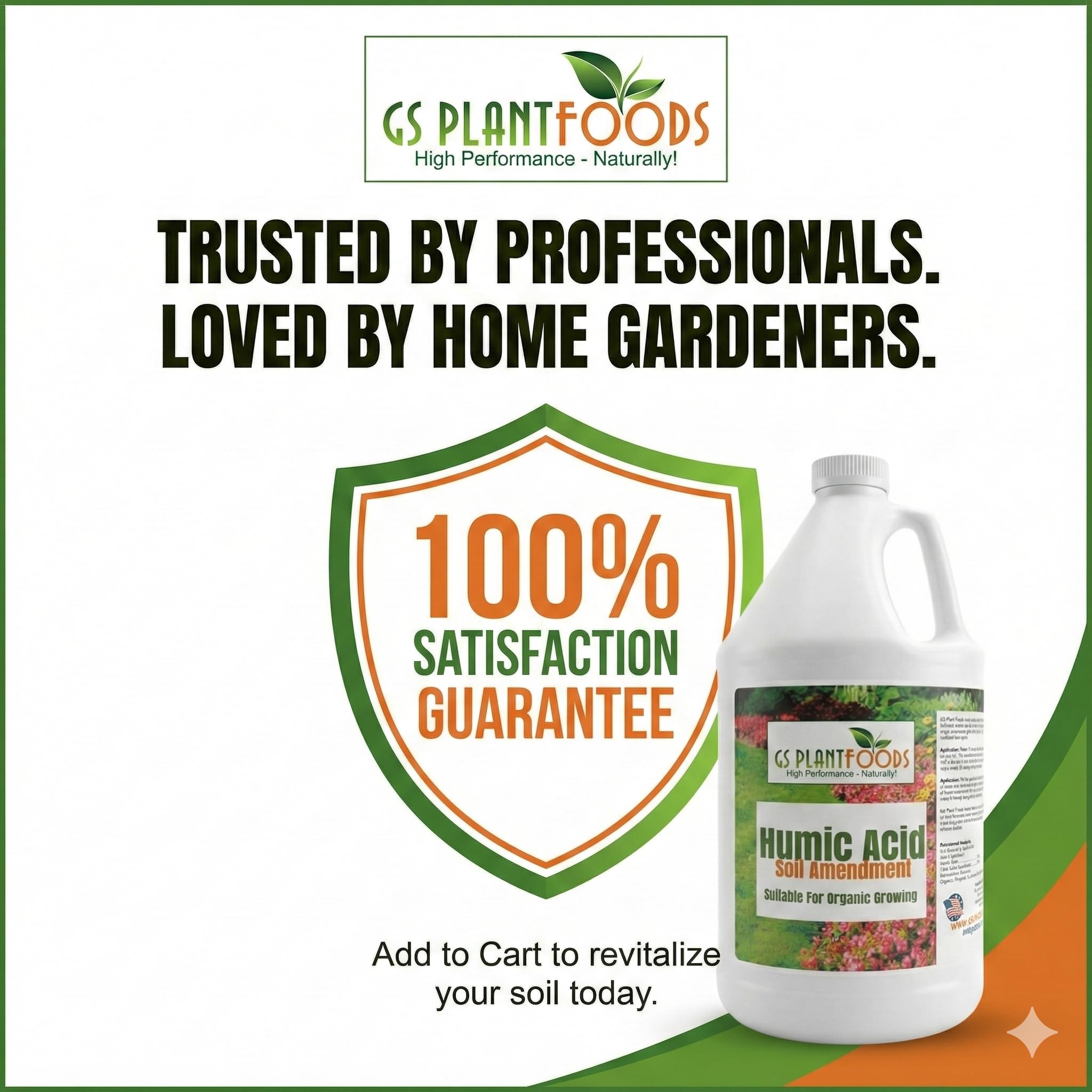 GS Plant Foods garden soil improvement with lush thriving potted plants.