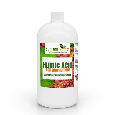 GS Plant Foods humic acid bottle boosts soil conditioning and nutrient access.