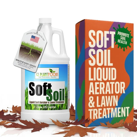 GS Plant Foods Soft Soil liquid aerator bottle shown for easy non-mechanical lawn care.