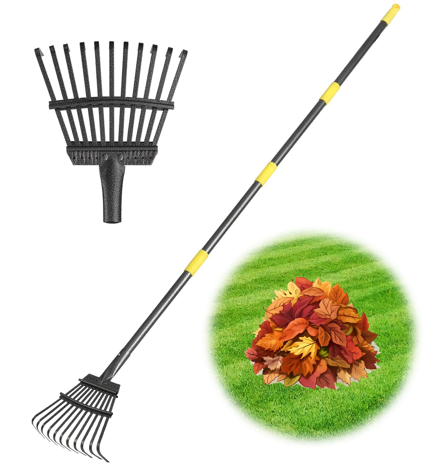 GSBLUNIE leaf rake with 70-inch reach for effortless lawn cleanup