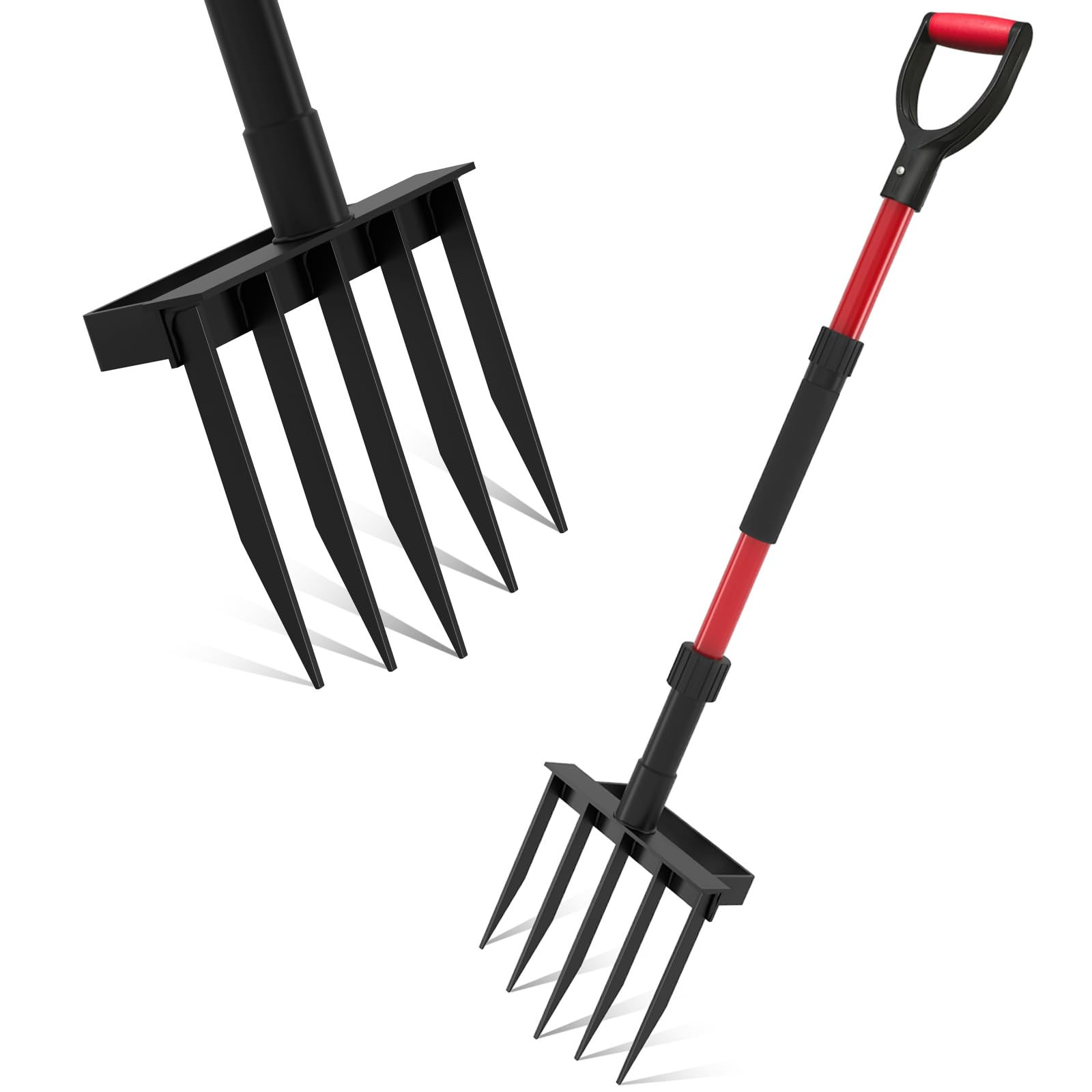 GSBLUNIE pitch fork 5-tine head close-up showing tempered steel for tough soil tasks.