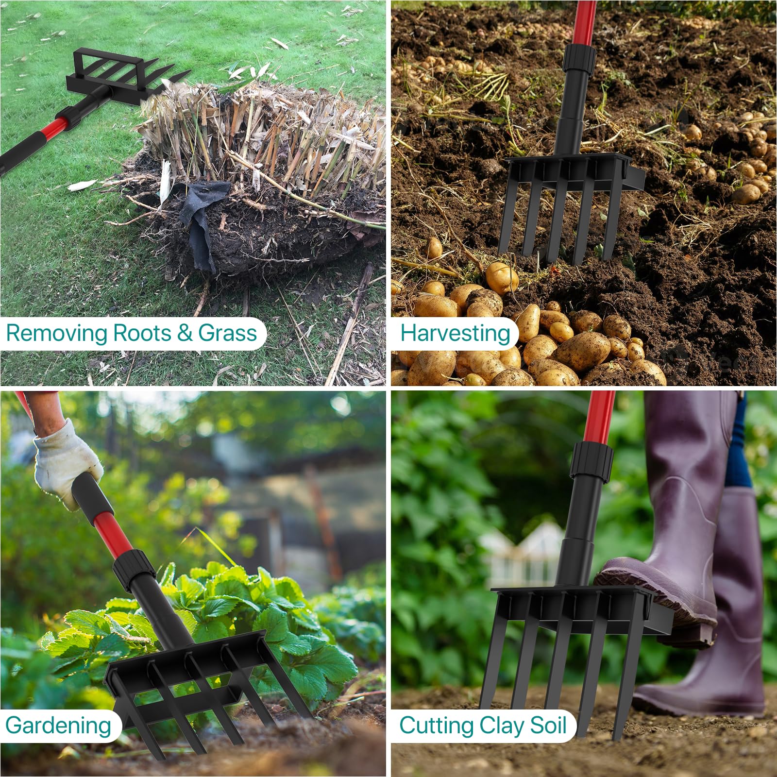 GSBLUNIE digging potatoes in a garden bed with a sturdy fork.