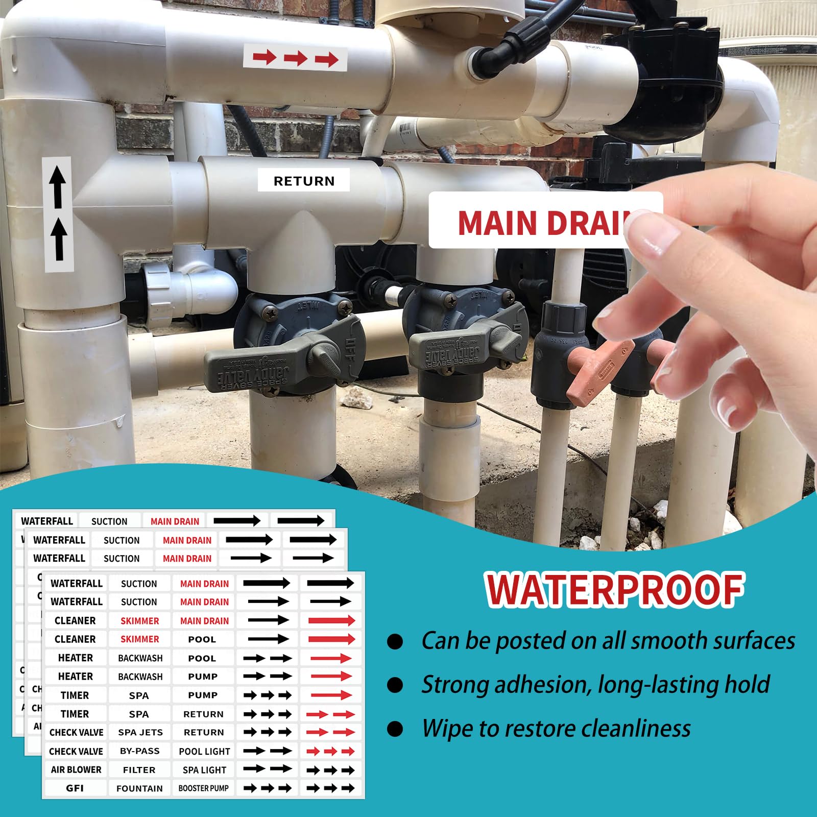 GSCWLD pool labels with peel-and-stick installation on a clean surface.