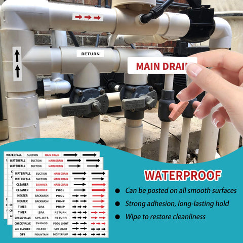 GSCWLD pool labels with peel-and-stick installation on a clean surface.