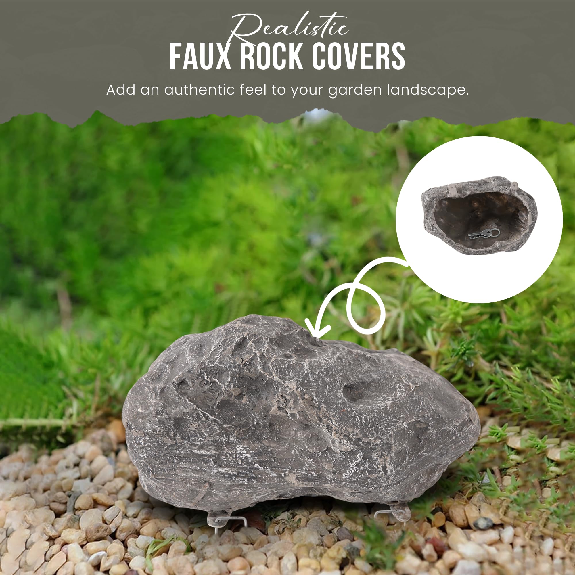 GSM Brands outdoor faux rock conceals sprinkler heads and pipes neatly