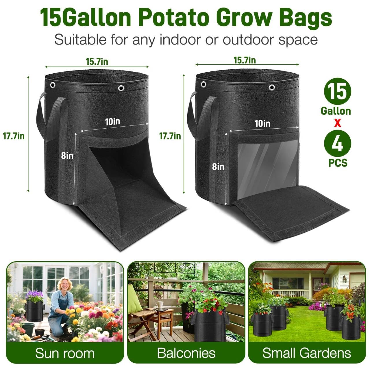 Gsonia versatile 15-gallon bags suitable for garden, balcony, and greenhouse setups.