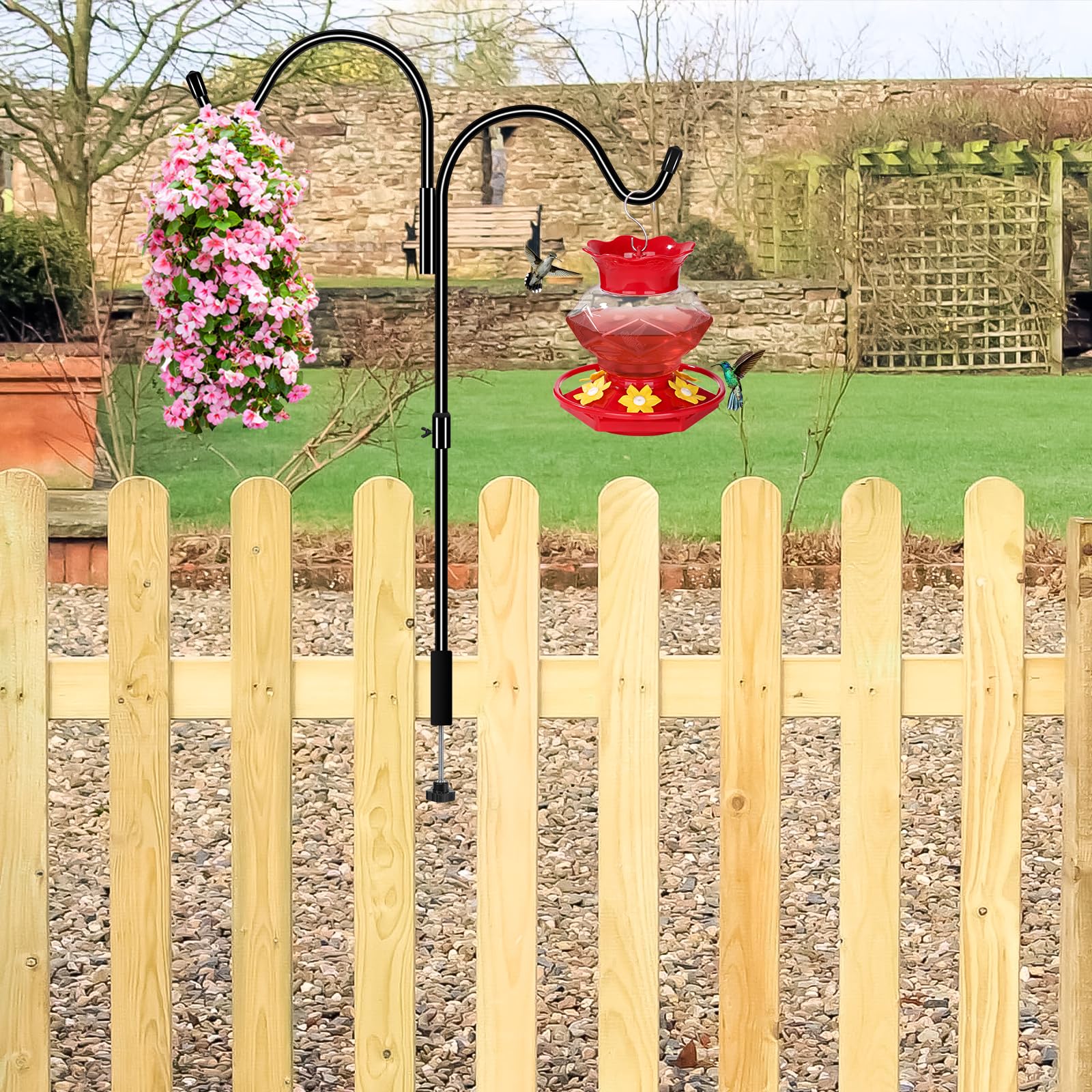 Gtongoko 35-inch hook supports flower baskets and plants.