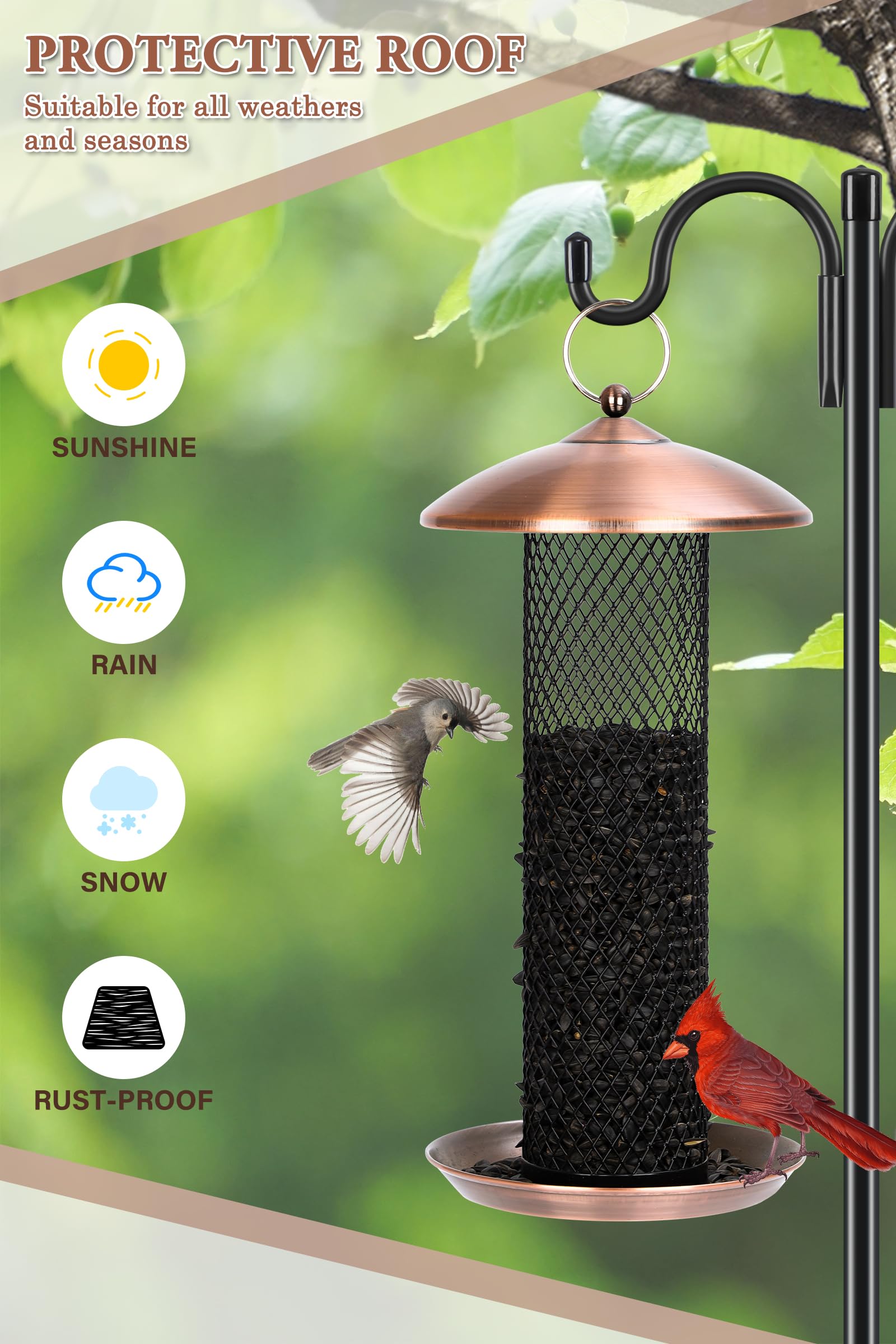 Gtongoko copper feeder with large lid demonstrates weather protection for seeds.