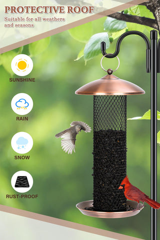 Gtongoko copper feeder with large lid demonstrates weather protection for seeds.