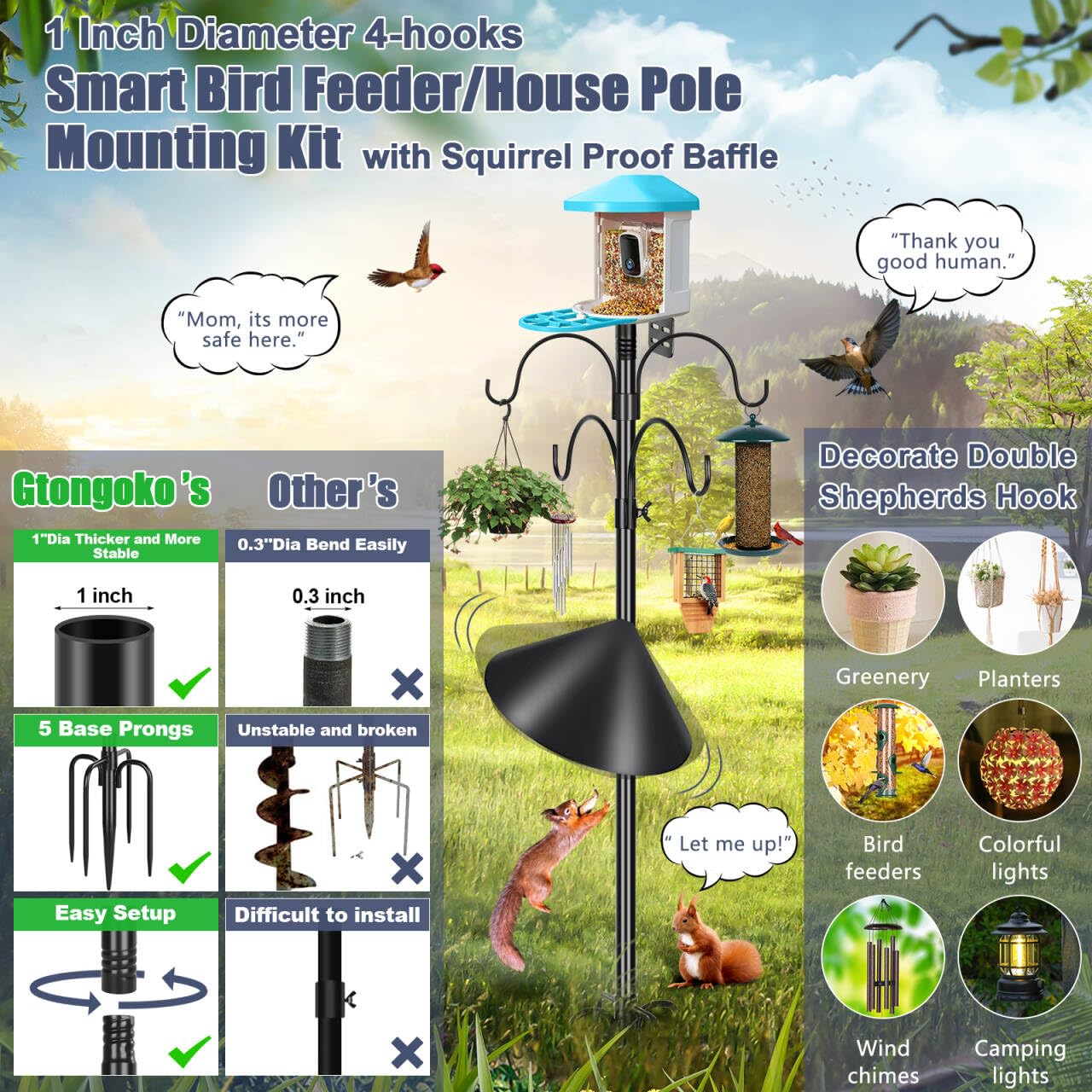 Gtongoko pole shows four shepherd hooks for versatile hanging of feeders and decor.