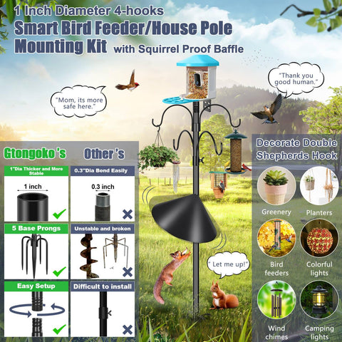 Gtongoko pole shows four shepherd hooks for versatile hanging of feeders and decor.
