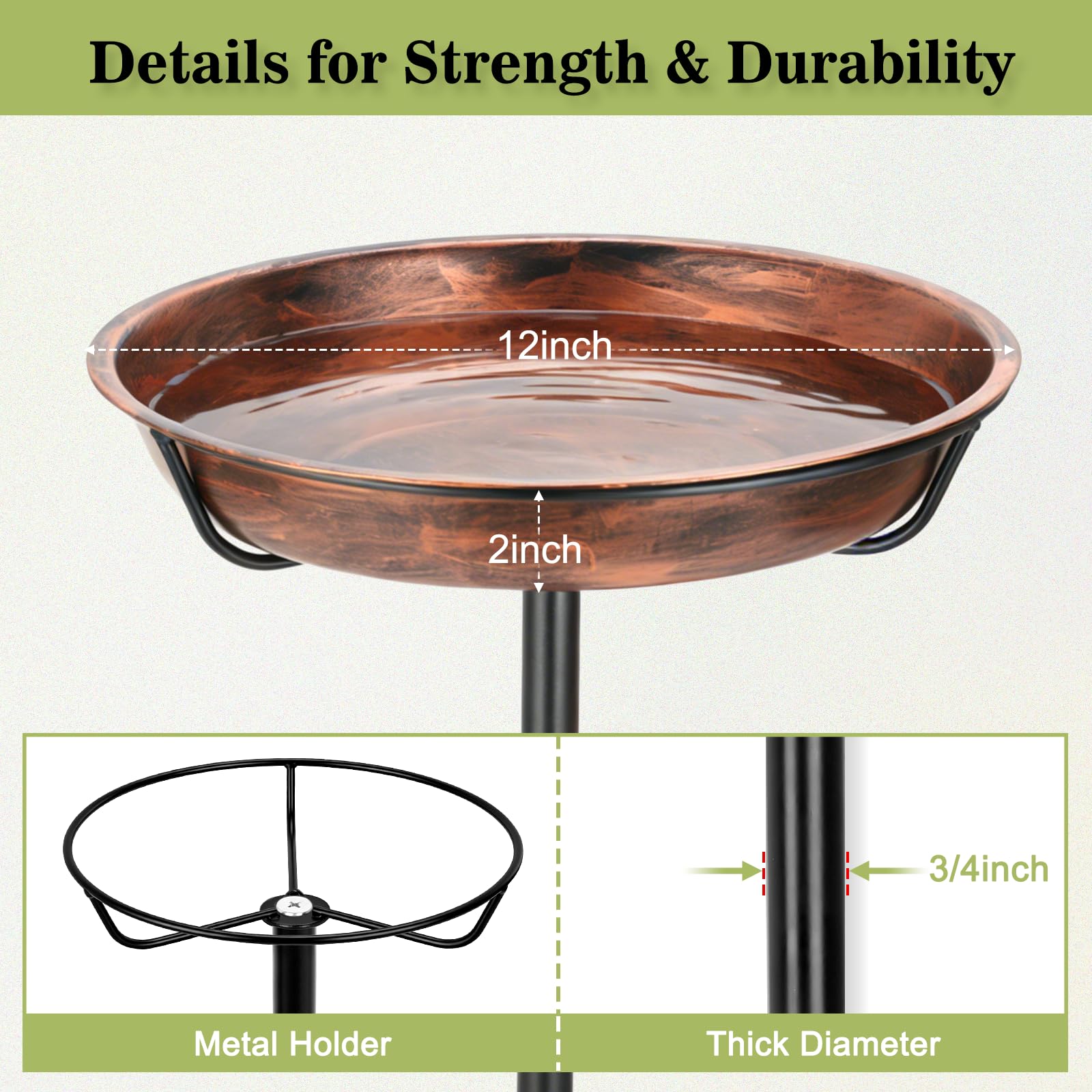 Gtongoko bird bath bowl, 12 inch diameter, holds ample water for birds.