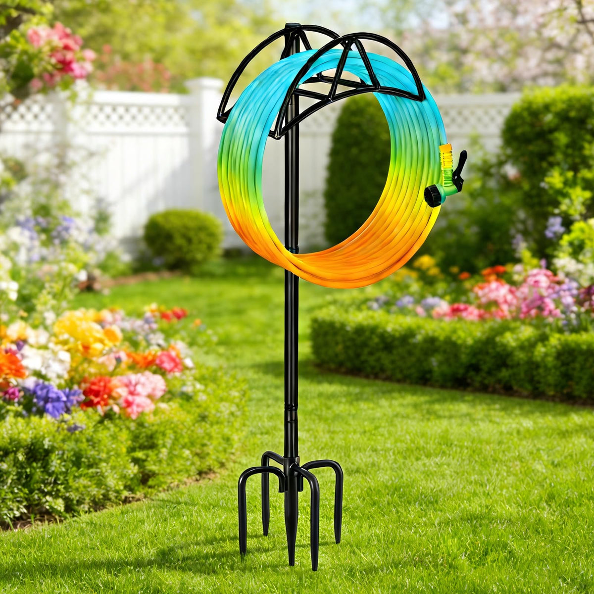 Gtongoko black garden hose holder with 5-prongs base provides stable outdoor support.