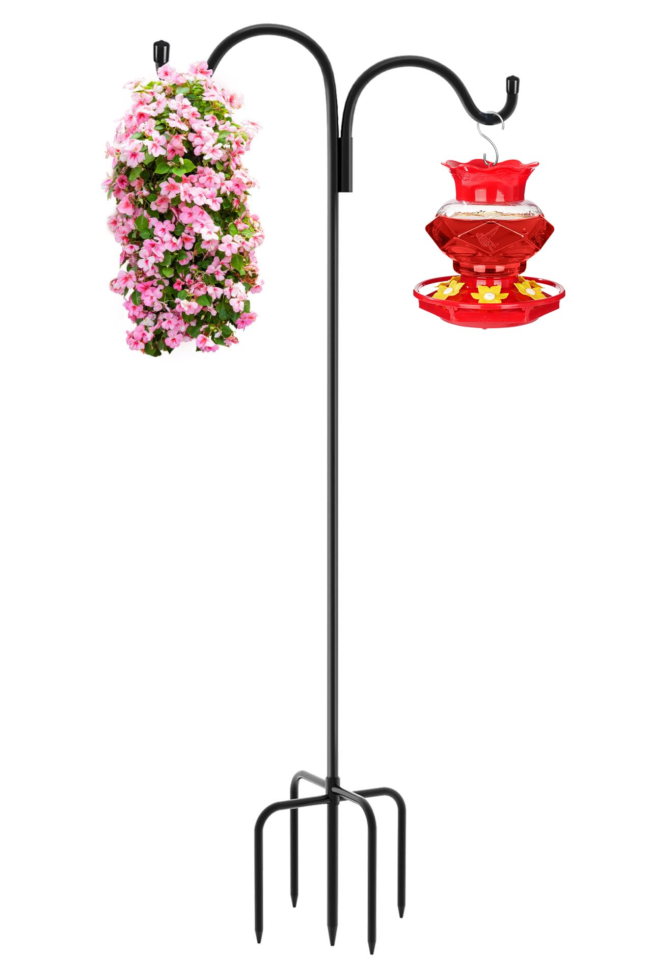 Gtongoko double shepherds hook 108-inch pole displaying bird feeders and lanterns