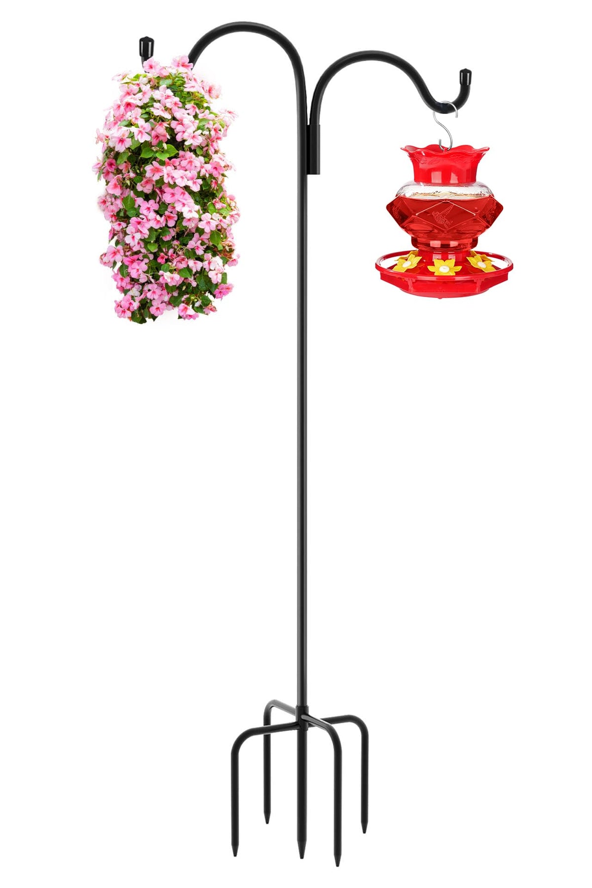 Gtongoko double shepherds hook 108-inch pole displaying bird feeders and lanterns