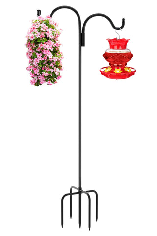 Gtongoko double shepherds hook 108-inch pole displaying bird feeders and lanterns